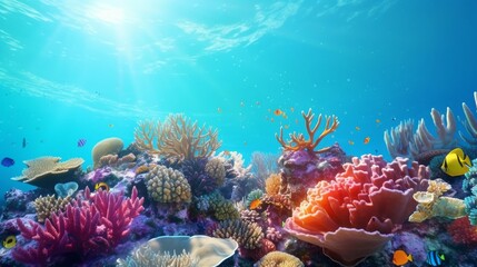 Fototapeta na wymiar A Colorful Array: A Coral Reef Teeming With Varieties of Corals