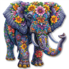 Elephant in floral patterns, isolated image on white background, for stickers, for design and creativity, generated AI