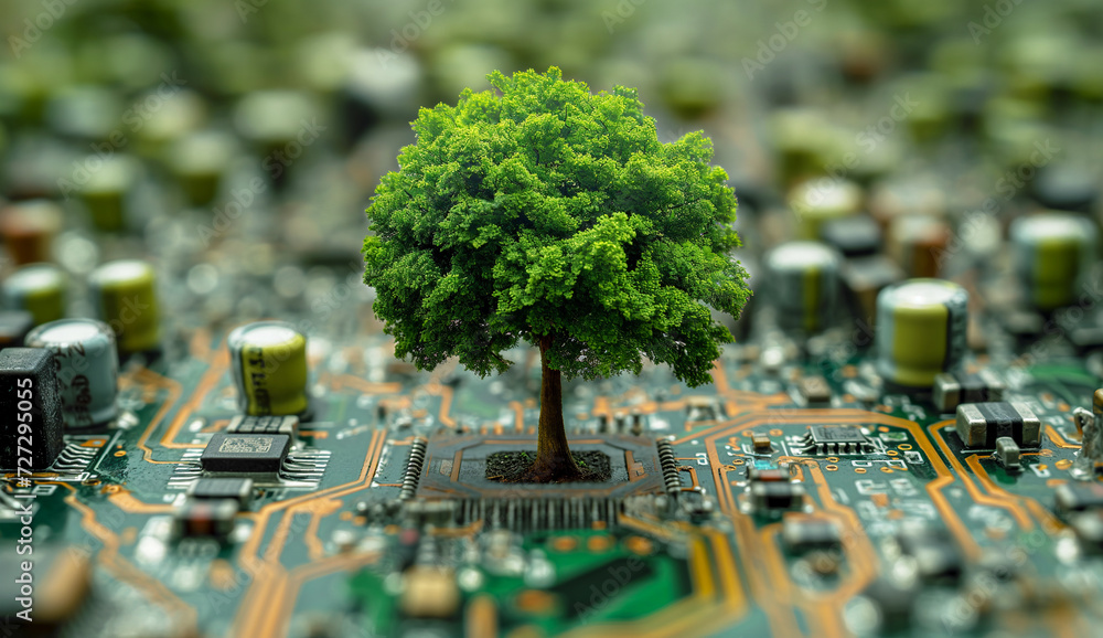 Aufkleber dense green tree standing on a circuit board with various electronic components like capacitors and 