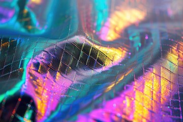 Macro photo of colorful holographic foil with glitter grid pattern background.