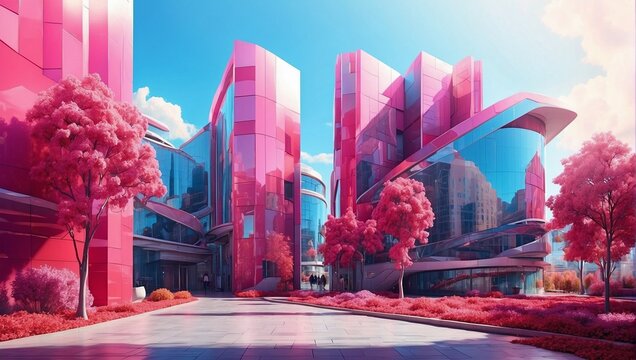 Flowers, buildings and modern abstract futuristic architecture - glass neon colored geometric pink red blue walls with urban scene around autumn sunny day