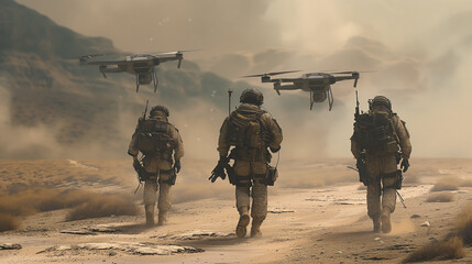 Military squad on a dusty trail with drone support. Suitable for showcasing military equipment, desert operations, or team tactics. - obrazy, fototapety, plakaty