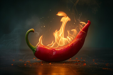 Red hot chili pepper engulfed in flames, perfect for hot sauce marketing or recipe website backgrounds