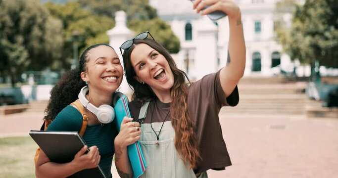 University, friends and women for selfie on campus for learning, education and studying at school. College, academy and happy students take profile picture for social media, online post and memory