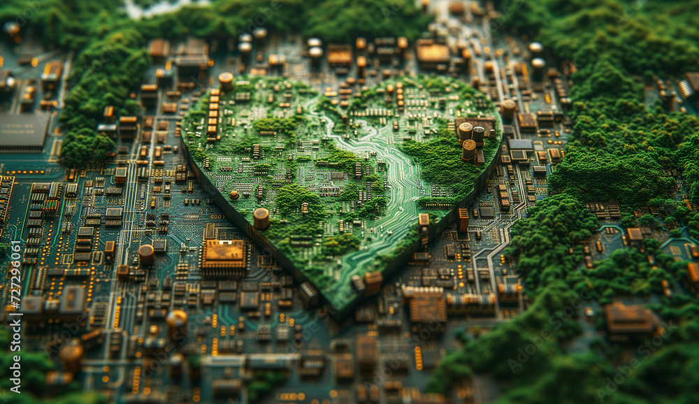 Poster circuit board with a heart-shaped patch of greenery, symbolizing a blend of technology and nature in