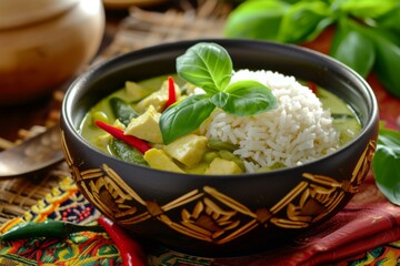 Authentic Thai Green Curry with Jasmine Rice, Traditional Cuisine Concept