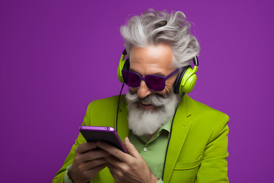 Colorful Studio Portrait Of An Old Man Using Modern Day Technology And Gadgets. Bold, Vibrant And Minimalist. Generative AI