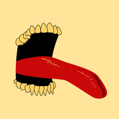 T-shirt design of an open mouth with a very long tongue extended. Vector illustration in a humorous tone.