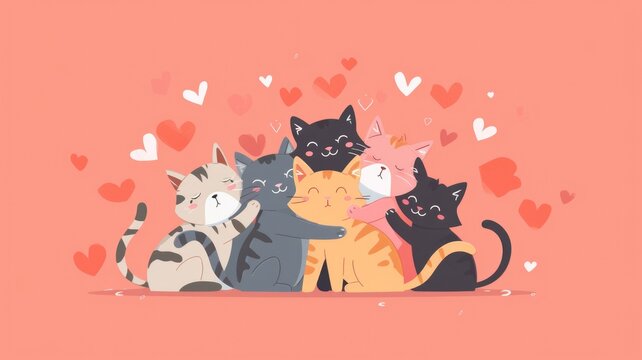 Animated characters engaging in a group hug with their feline friends, surrounded by hearts and 'National Hug Your Cat Day