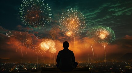 Person Sitting on Bench Watching Fireworks