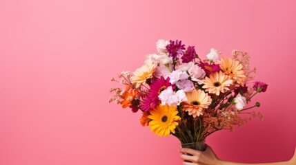 Woman holding a bouquet of flowers on a pink background.