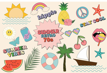 Fototapeta premium Retro 70s summer hippie stickers. Hippie stickers, psychedelic groovy elements. Cartoon funky marine sea, palm vacation rainbow, vintage hippy style element