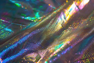 Macro photo of colorful holographic foil with glitter grid pattern background. - obrazy, fototapety, plakaty