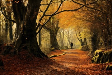 walking the path through the woods in autumn