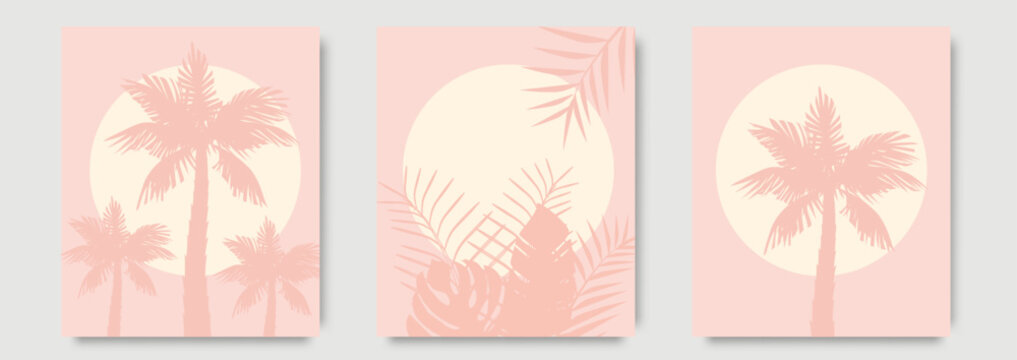 Abstract pastel summer beach wall art template. Pastel tone wallpaper design with sun and palm trees in line art pattern. Sea painting for wall decoration, interior, background, cover, banner