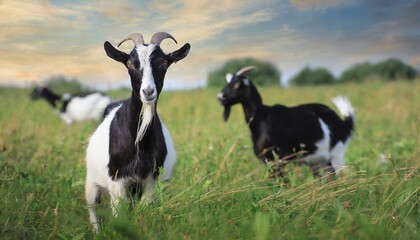 Black and white goats in the meadow, grass field