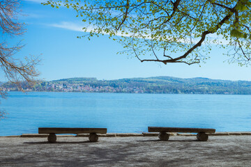 Wooden benches on Mainau island on Lake Constance (Bodensee), facing the water on the shady waterside