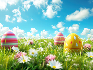 Happy Easter Background Wallpaper with colourful eggs  green fields rabbit 