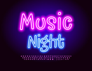 Fototapeta na wymiar Vector trendy flyer Music Night. Cool Neon Font. Bright Electric Alphabet Letters and Numbers set.