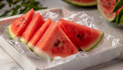 Sliced watermelon in plastig package for market brochure