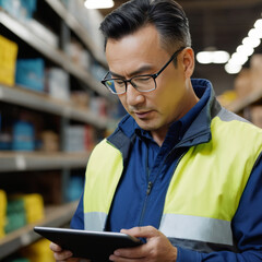 Man checks for merchandise in a industrial materials store, using digital tablet