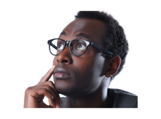 Worried black man in glasses feels concerned puzzled lost in thoughts pondering making decision concept image