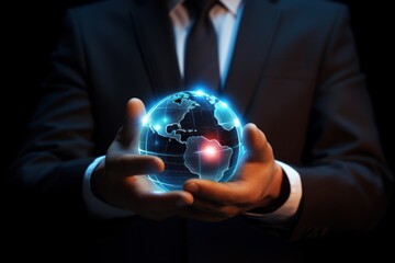  businessman hand holding cellphone with creative glowing globe hologram 