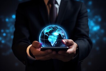  businessman hand holding cellphone with creative glowing globe hologram 