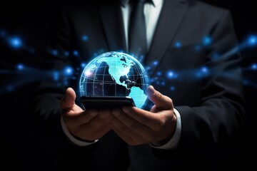  businessman hand holding cellphone with creative glowing globe hologram 