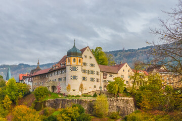Fototapeta na wymiar The Deuring Castle (Deuringschlössle) and other traditional buildings in the Upper Town (Oberstadt) part of Bregenz, Austria