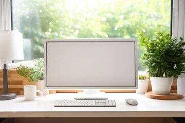 Desktop computer with blank screen in minimal office room with decorations 