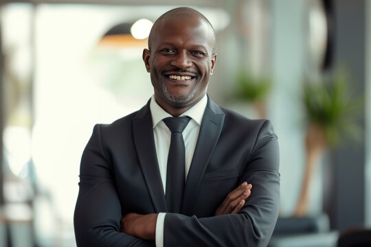 Confident portrait middle aged african businessman smilling 
