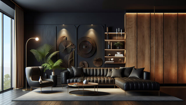 Modern dark home interior background, wall mock-up, 3d render