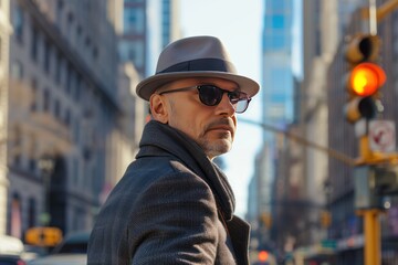 portrait of stylish middle aged man walking  the city with skyscrapers, 
