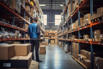 Obraz premium salesman in a hardware warehouse standing checking 