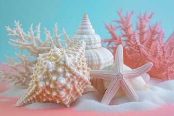 Starfishes with sea shell and coral on color background