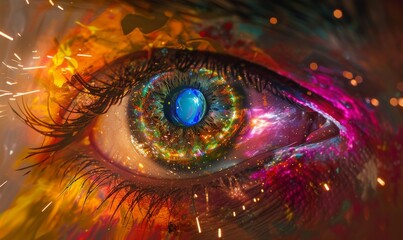 The intricate details of a vibrant iris are captured in a striking closeup, inviting the viewer to peer into the depths of emotion hidden within - obrazy, fototapety, plakaty