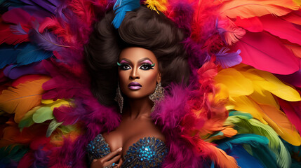 Fototapeta premium An African-American drag queen bedecked in a stunning rainbow-feathered costume