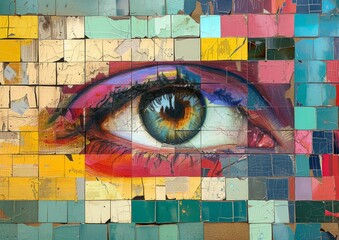 A vibrant mural of a piercing eye, blending elements of street art and modern colorfulness to...