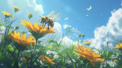 Fototapeta na wymiar Bees pollinate food crops cute anime style