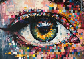 A mesmerizing mosaic of modern art, the eye's intricate details painted in a striking mural of...