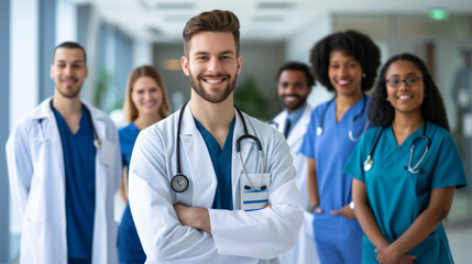 Fototapeta premium diverse group of smiling healthcare professionals, including doctors and nurses