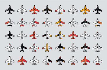 Jet airplane set. Air transport. Air flight symbol. Passenger airplanes. Cartoon airplanes on gray background
