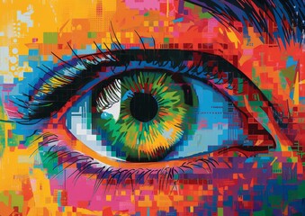Vibrant hues dance across a captivating eye, brought to life through a masterful blend of painting and drawing in this modern art piece