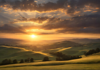 Naklejka na ściany i meble A spectacular sunrise with sunbeams over the rolling hills landscape