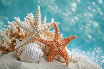 Fototapeta na wymiar Starfishes with sea shell and coral on color background