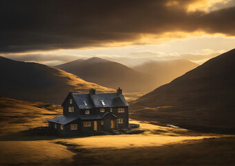 Dramatic golden light on the dark, moody, mountain landscape of a distant Cottage