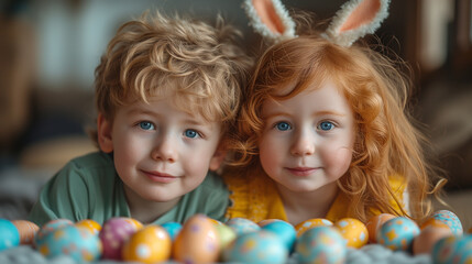 Fototapeta na wymiar Close-up of brother and sister, smiling children playing with decorative Easter eggs in room decorated with Easter decor