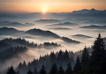 Beautiful sunrise in the mountains. Fir trees in the fog and dark silhouettes of mountains at dawn.