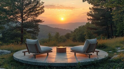 Pair of white canvas chairs on a circular concrete